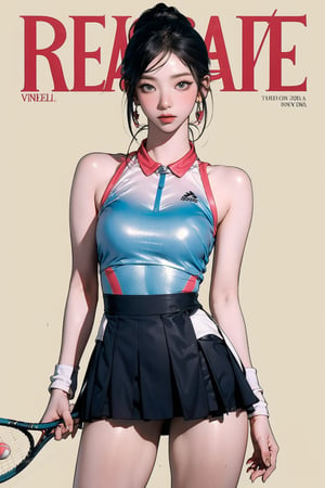 1girl, ((tennis girl outfit,)) thigh up, detailed clothes, earrings, looking at viewer, aespakarina, magazine cover,