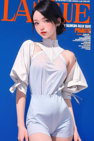 allure, lustful, 1girl, thigh up body, looking at viewer, translucent, intricate clothes, cutout clothes, ((blue white clothes)), cinematic lighting, hairstyle, magazine cover, red background, hakil