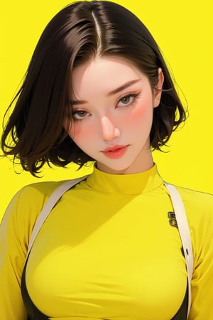 1girl, thigh up body, detailed clothes, kpop idol, hairstyle, croptop, large_boyfriend_jeans_trouser, looking at viewer, sharp focus, magazine cover, yellow background, ((outline,)) chimai, aespakarina,sanatw