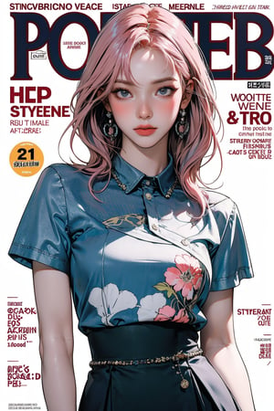 1girl, hip up body, standing, detailed beautiful face, pink hair, detailed clothes, shirt, skirt, earrings, looking at viewer, magazine cover, 2D artstyle, aespakarina, Art Deco