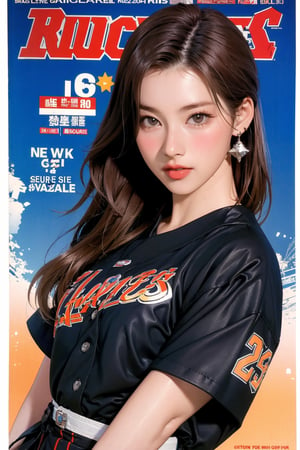 1girl, ((baseball girl outfit,)) long hair, looking at viewer, detailed clothes, earrings, sanatw, magazine cover, 