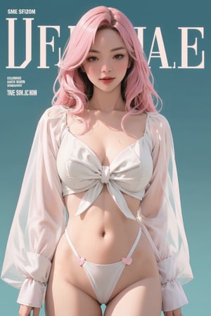 lustful, allure, sexy, 1girl, pink hair, thigh up body, detailed beautiful face, detailed beautiful eyes, looking at viewer, translucent, intricate clothes, cutout clothes, navel cutout, cinematic lighting, different hairstyle, magazine cover, green background, sim