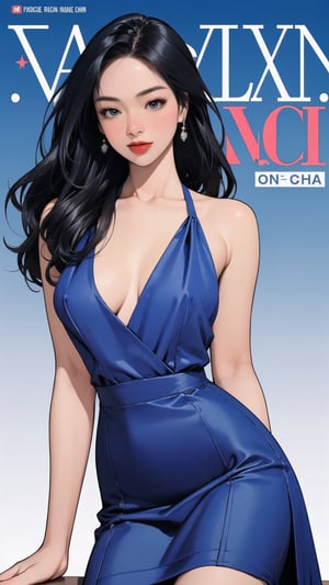 1girl, looking at viewer, thigh up body, stocking, earings, elegant, allure emotion, nsfw, blue background, hairstyle, styled clothes, cutout clothes, dynamic composition, ultra detailed, best quality, sharp focus, magazine cover, outline, 2D artstyle,aespakarina,htt,sim