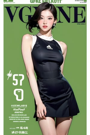 tennis girl outfit, 1girl, thigh up body, standing, looking at viewer, hairstyle, detailed clothes, earrings, sanatw, magazine cover, green background,