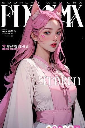 1girl, detailed clothes, earrings, magazine cover, ahri, pink hair, facial mark, fox tails, fox ears, dark background, chimai
