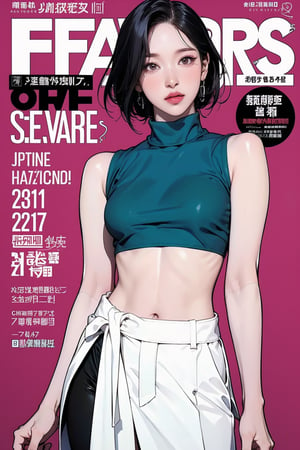 1girl, thigh up body, looking at viewer, styled clothes, turtle neck croptop, sleeveless, sharp focus, magazine cover, coloful background, 2D artstyle, outline, 

chimai,hine,hakil,yuong01,johyun,sim,haohaoulz,kn,htt