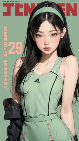 1girl, standing, thigh up body, hairband, ((looking at viewer, tennis girl outfit,)) 2D artstyle, magazine cover, outline, earings, blush, green background, hairstyle, ultra detailed, best quality, sharp focus, kmiu,sim,haohaoulz,aespawinter,huondey,seolhuyn,jennie