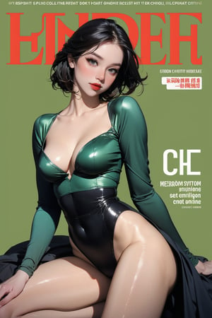 ((hunter,)) thigh up body, 1girl, looking at viewer, intricate clothes, shiny, professional lighting, different hairstyle, coloful, green background, magazine cover, chimai