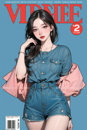 1girl, thigh up body, eyewear, styled outfit, ((looking at viewer,)) earrings, magazine cover, blue background, hine, hakil, kmiu