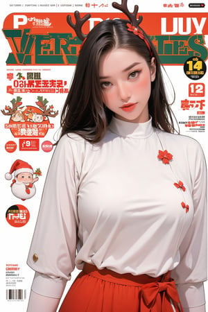 1girl, ((santa girl,)) reindeer horn, detailed clothes, looking at viewer, magazine cover, colorful background, outline, 2D artstyle, chimai, hakil