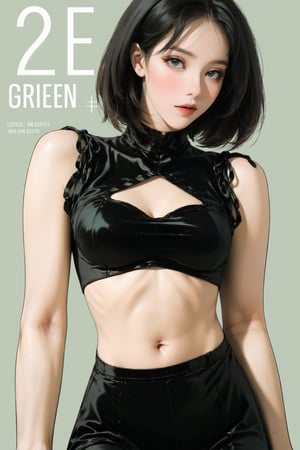 lustful, allure, sexy, 1girl, thigh up body, detailed beautiful face, detailed beautiful eyes, looking at viewer, translucent, intricate clothes, cutout clothes, navel cutout, cinematic lighting, different hairstyle, magazine cover, green background, sim