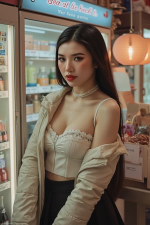 ((1girl, looking at viewer,)) smiling, bustier bralette, miniskirt, jacket, make up, lace choker, detailed clothes, hairstyle, profesional lighting, magazine cover, convenience store, soda cabinet, 7elenven, semirealistic, advertisement,

aespakarina, chimai,sim,hine,hakil,kn,Enhanced all