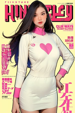 1girl, hip up body, standing, detailed clothes, cutout clothes, long hair, looking at viewer, sharp focus, magazine cover, coloful background, ((2D artstyle, outline,)) chimai,