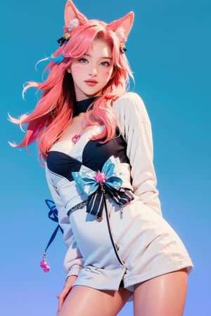 1girl, ((thigh up body, standing,)) looking at viewer, sanatw, magazine cover, cinematic angle, cinematic composition, blue background, ahri, pinkhair, foxtail, fox ears, korean clothes, facial mark,