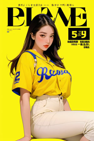 1girl, thigh up, looking at viewer, detailed clothes, baseball girl outfit, accurate color reproduction, best quality, professionally color graded, artwork, blurring effect, professional lighting, sanatw, magazine cover, yellow background, jisoo,chimai,miyeon,aespakarina