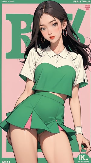 1girl, standing, thigh up body, ((looking at viewer, tennis girl outfit,)) 2D artstyle, magazine cover, outline, earings, blush, green background, hairstyle, ultra detailed, best quality, sharp focus,rosé,jisoo,shuhua,kn