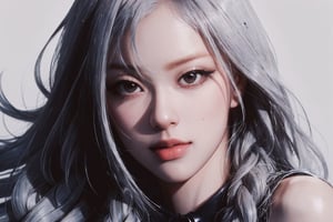 ((masterpiece, best quality, digital art, official art, artwork, hip up body,)) monochrome, different color hair, 1girl, looking at viewer, professional lighting, high quality, ultra detailed, simple background, htt,jennie,lisa,seolhuyn,rosé