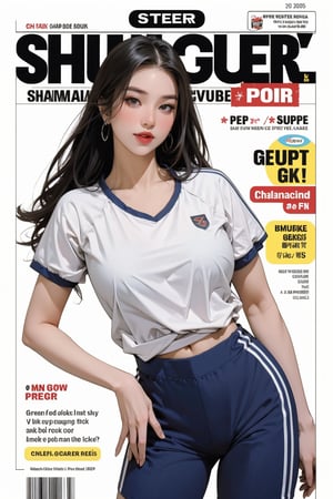 1girl, gym girl outfit, standing, looking at viewer, detailed clothes, earrings, magazine cover, chimai