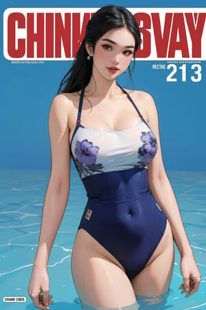 1girl, thigh up body, ((swimming girl,)) standing, hairstyle, looking at viewer, detailed clothes, earrings, magazine cover, chimai