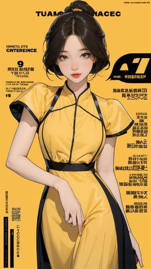 1girl, looking at viewer, thigh up body, sexy and elegant, yellow background, cutout clothing, hairstyle, cinematic composition, styled clothes,  ultra detailed, best quality, sharp focus, magazine cover, outline, 2D artstyle, htt