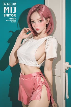 lustful, allure, sexy, ((sport_girl outfit)), 1girl, pink hair, thigh up body, looking at viewer, translucent, intricate clothes, cutout clothes, cinematic lighting, different hairstyle, magazine cover, green background,  kmiu,open door, doorway