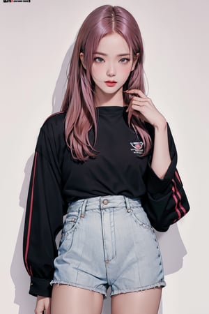 1girl, thigh up body, looking at viewer, pink hair, styled clothes, ultra detail, accurate color reproduction, black background, best quality, professionally color graded, artwork, blurring effect, professional lighting, sanatw, sim,chimai,aespakarina,jisoo