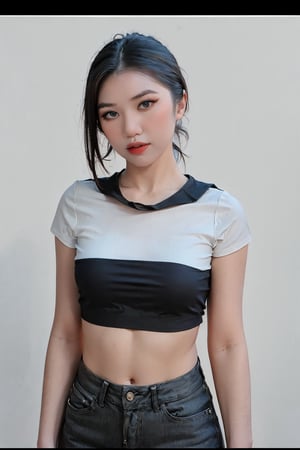 thigh up, black paper, reverse black and white charcoal portrait art, charcoal effect, 1girl, styled croptop shirt, hairstyle, simple background, highres, accurate color reproduction, best quality, professionally color graded, sharp focus, aespakarina, chimai,charcoal \(medium\), 