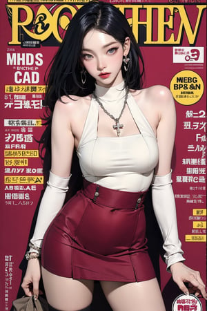 1girl, different styled shirt, skirt, stockings, bracelets, turtleneck shirt,  bare shoulders, thigh up body, looking at viewer, hairstyle, dyed hair, different color hair, aespakarina, earrings, intricate background, chimai,magazine cover