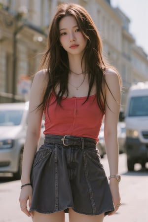 1girl, hip up body, miniskirt, hairstyle, on paris street corner, summer, looking at viewer, ultra detailed, beautiful face, natural lighting, best quality, masterpiece, aespakarina, straight camera angle, noise effect, blurring effect,