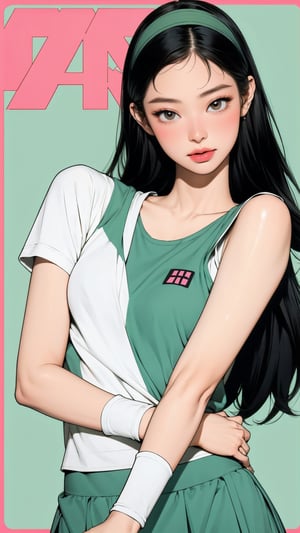 1girl, standing, thigh up body, hairband, ((looking at viewer, tennis girl outfit,)) 2D artstyle, magazine cover, outline, earings, blush, green background, hairstyle, ultra detailed, best quality, sharp focus, kmiu,sim,haohaoulz,aespawinter,huondey,seolhuyn,jennie