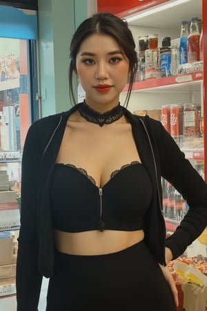 ((1girl, looking at viewer,)) smiling, bralette, miniskirt, jacket, make up, big lace choker, detailed clothes, hairstyle, profesional lighting, magazine cover, convenience store, soda cabinet, 7elenven, realistic, advertisement,

aespakarina, chimai,sim,hine,hakil,kn,Enhanced all,m00dyoilpaintings,in the style of t0k