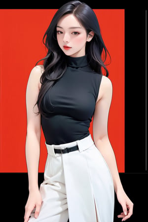 1girl, hip up, standing, looking at viewer, detailed clothes, styled cutout turtleneck body shirt, sleeveless, accurate color reproduction, best quality, magazine cover, jisoo,chimai,miyeon,aespakarina,hakil,QA,sim