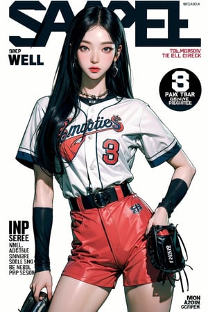 1girl, ((baseball girl outfit,)) thigh up, detailed clothes, earrings, looking at viewer, aespakarina, magazine cover,