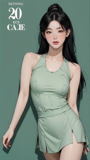 1girl, standing, thigh up body, ((looking at viewer, tennis girl outfit, center opening,)) 2D artstyle, magazine cover, outline, earings, blush, green background, hairstyle, ultra detailed, best quality, sharp focus, ,DiaSondef,sophiesw,Mia ,Anna ,miyeon