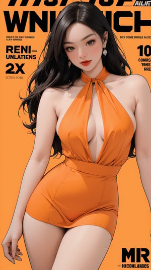 1girl, looking at viewer, thigh up body, stocking, earings, elegant, allure emotion, nsfw, orange background, hairstyle, styled clothes, cutout clothes, dynamic composition, ultra detailed, best quality, sharp focus, magazine cover, outline, 2D artstyle,aespakarina,htt,sim