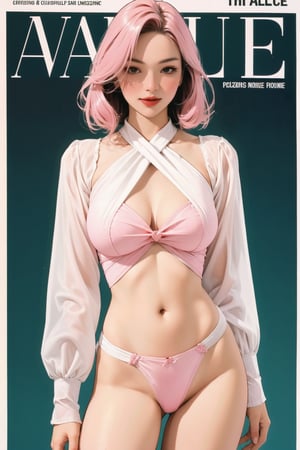 lustful, allure, sexy, 1girl, pink hair, thigh up body, detailed beautiful face, detailed beautiful eyes, looking at viewer, translucent, intricate clothes, cutout clothes, navel cutout, cinematic lighting, different hairstyle, magazine cover, green background, sim