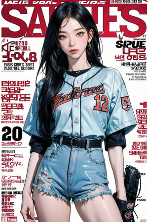 1girl, ((baseball girl outfit,)) thigh up, detailed clothes, earrings, looking at viewer, aespakarina, magazine cover,