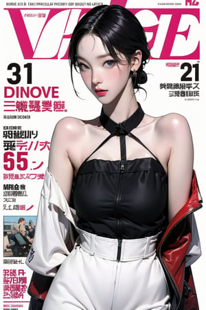 1girl, thigh up body, looking at viewer, styled clothes, hairstyle, aespakarina, magazine cover, earrings, 