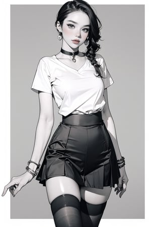 pencil drawing, 2D, monochrome, outline, 1girl, styled, shirt, skirt, thighhighs, bracelets, choker, thigh up body, looking at viewer, hairstyle, aespakarina, earrings,  intricate background, chimai