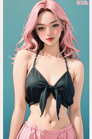 lustful, allure, sexy, 1girl, pink hair, thigh up body, detailed beautiful face, ((detailed beautiful eyes,)) looking at viewer, translucent, intricate clothes, cutout clothes, navel cutout, cinematic lighting, different hairstyle, magazine cover, green background, sim