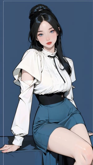 1girl, looking at viewer, thigh up body, stocking, earings, elegant, allure emotion, nsfw, blue background, hairstyle, styled clothes, cutout clothes, dynamic composition, ultra detailed, best quality, sharp focus, magazine cover, outline, 2D artstyle,aespakarina,htt