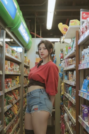 1girl, looking at viewer, hip up, ultra detailed, profesional lighting, magazine cover, convenience store, analog photo mood, aespakarina