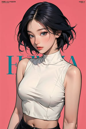 1girl, looking at viewer, styled clothes, turtle neck croptop, sleeveless, hairstyle, sharp focus, magazine cover, coloful background, 2D artstyle, outline, 

chimai,hine,hakil,yuong01,johyun