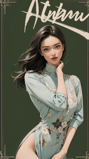 1girl, looking at viewer, thigh up body, eros and elegant, green background, hairstyle, cinematic composition, detailed styled clothing, cutout clothing, ultra detailed, best quality, sharp focus, aespakarina, magazine cover, outline, 2D art, chimai,htt,sim,huondey,kn