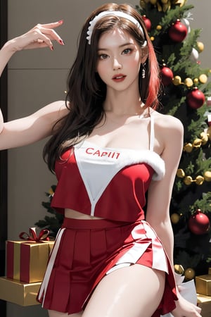 1girl, masterpiece, high detailed, realistic, digital art, beautiful girl, christmas, christmas girl costume, thighs up body, cropped clothes, skirt, red and white theme, aespakarina, aespakarina, 1girl, detailed beautiful face, detailed beautiful eyes, sharp focus, hair band, ,sanatw