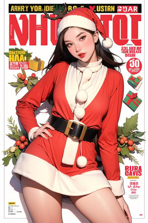 1girl, thigh up body, ((santa girl,)) reindeer horn, furtrim, detailed clothes, looking at viewer, magazine cover, colorful background, outline, 2D artstyle, chimai, hakil