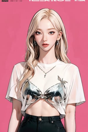 1girl, ((kpopgirl outfit, see-through shirt,)) pink and blonde hair, detailed clothes, earrings, looking at viewer, aespakarina, magazine cover,