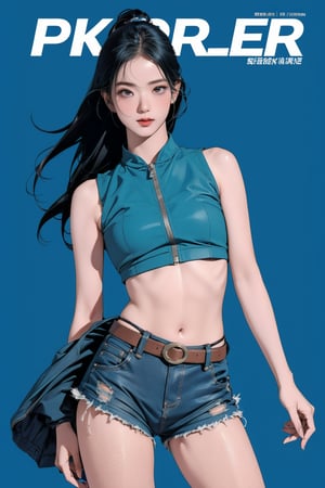 1girl, thigh up, looking at viewer, detailed clothes, strap croptop, sleeveless, accurate color reproduction, best quality, professionally color graded, artwork, blurring effect, professional lighting, sanatw, magazine cover, blue background, jisoo