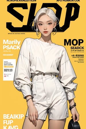 1girl, white hair, bracelets, ((thigh up body, standing,)) looking at viewer, hairstyle, earrings, intricate background, magazine cover, aespakarina, headphone,mthanhh