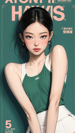 1girl, standing, thigh up body, hairband, ((looking at viewer, tennis girl outfit,)) 2D artstyle, magazine cover, outline, earings, blush, green background, hairstyle, ultra detailed, best quality, sharp focus, kmiu,sim,haohaoulz,aespawinter,huondey,seolhuyn,jennie